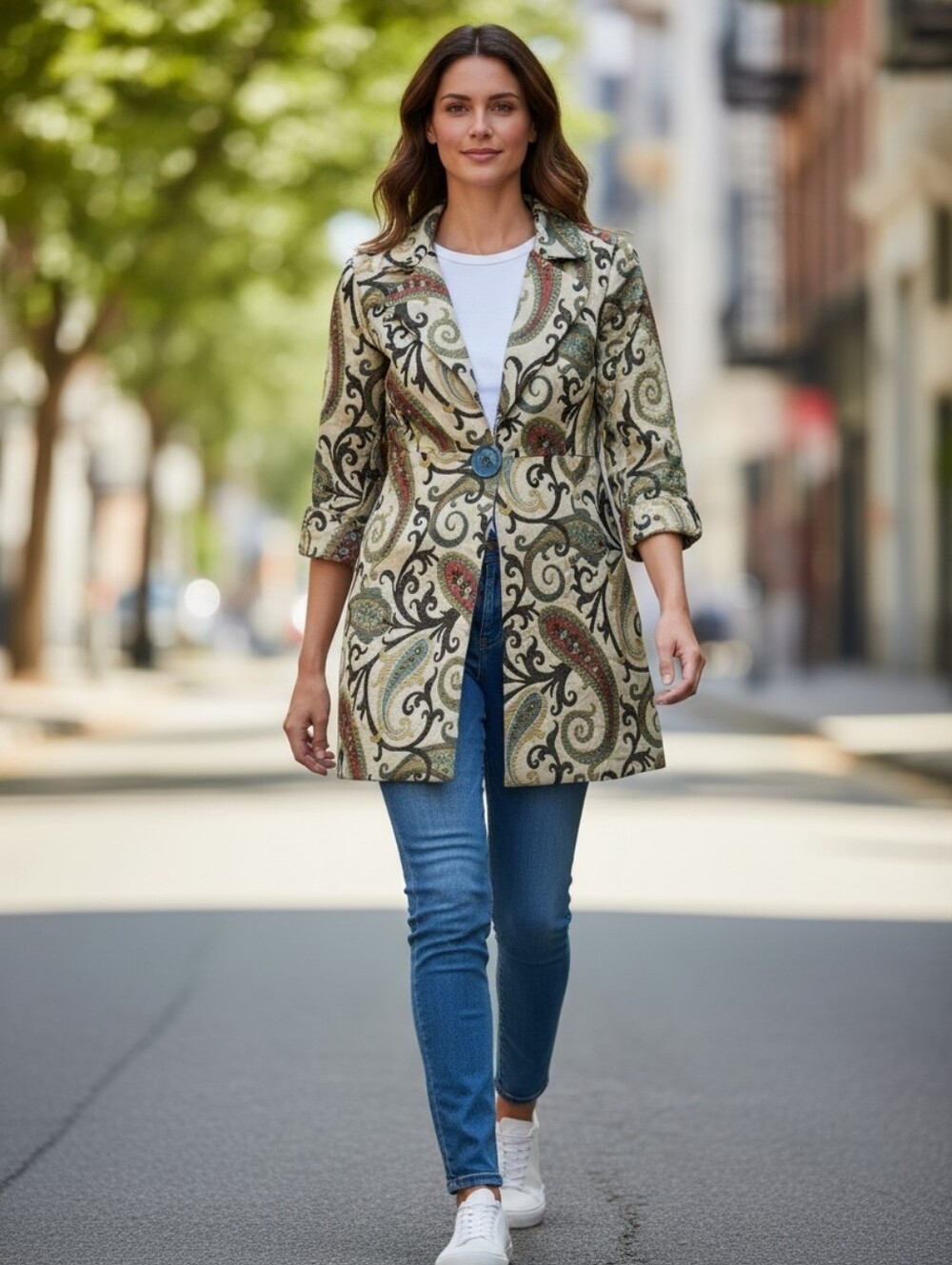 3 Sisters Paisley Tapestry Coat Jacket Medium Blue Button Lined Boho Chic